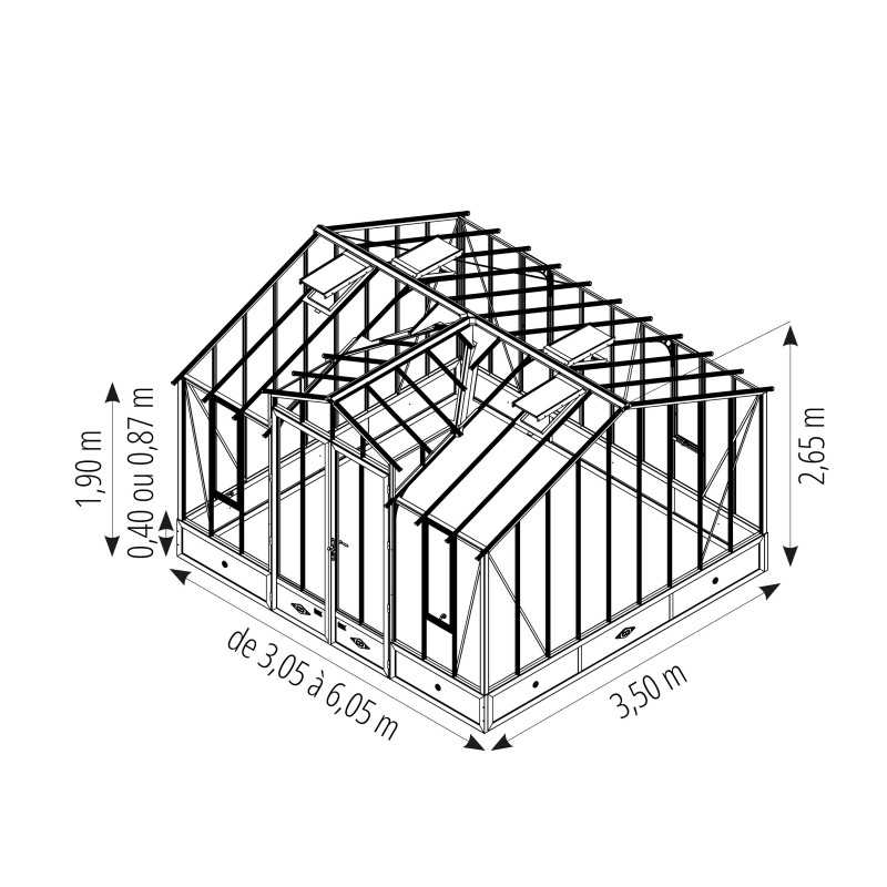 Invernadero CLASSIQUE largeur 3,50 m con buhardilla sobre base aluminio