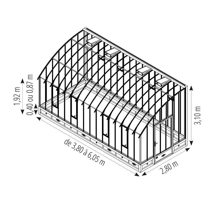 Invernadero VERSAILLES anchura 2,80 m sobre muro