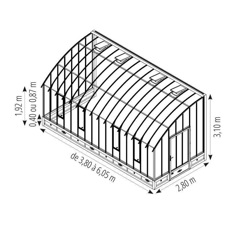 Invrnadero CHAMBORD anchura 2,80 m sobre muro