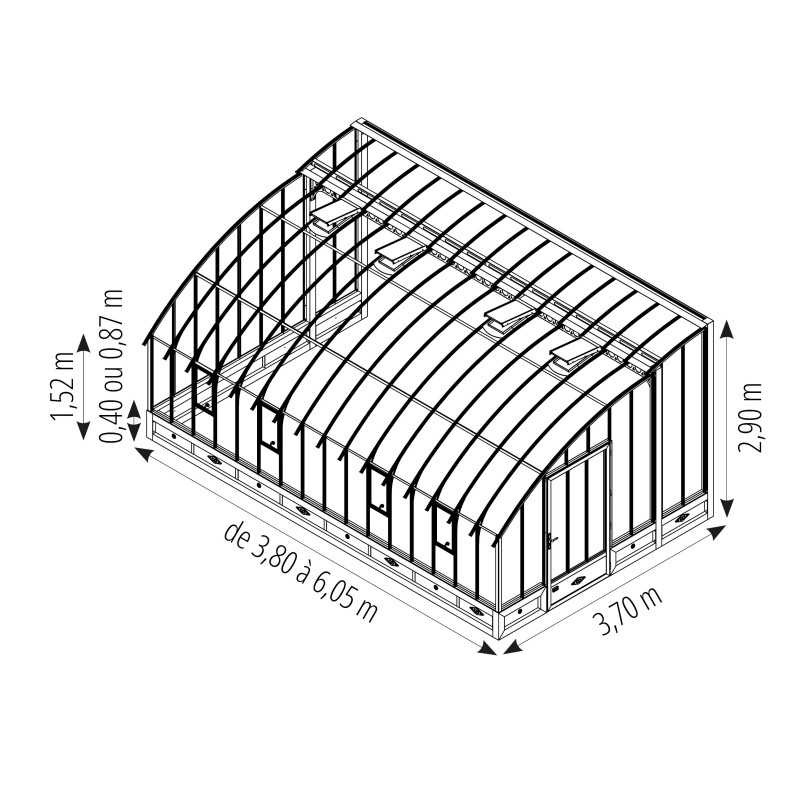 Invernadero CHAMBORD anchura 3,70 m sobre muro