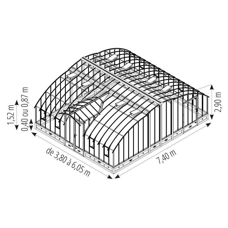 Invernadero AMBOISE anchura 7,40 m sobre base aluminio