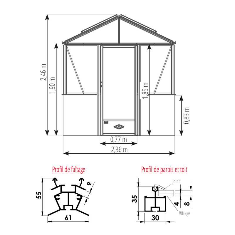 Invernadero LUXIA en muro bajo anchura 2,36 m