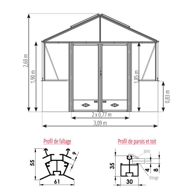 Invernadero LUXIA en muro bajo anchura 3,09 m