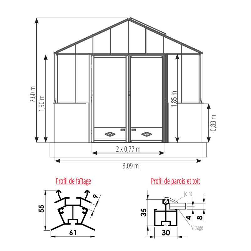 Invernadero LUXIA Retro en muro bajo anchura 3,09 m