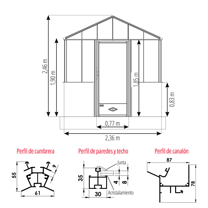Invernadero LUXIA Retro en muro bajo anchura 2,36 m