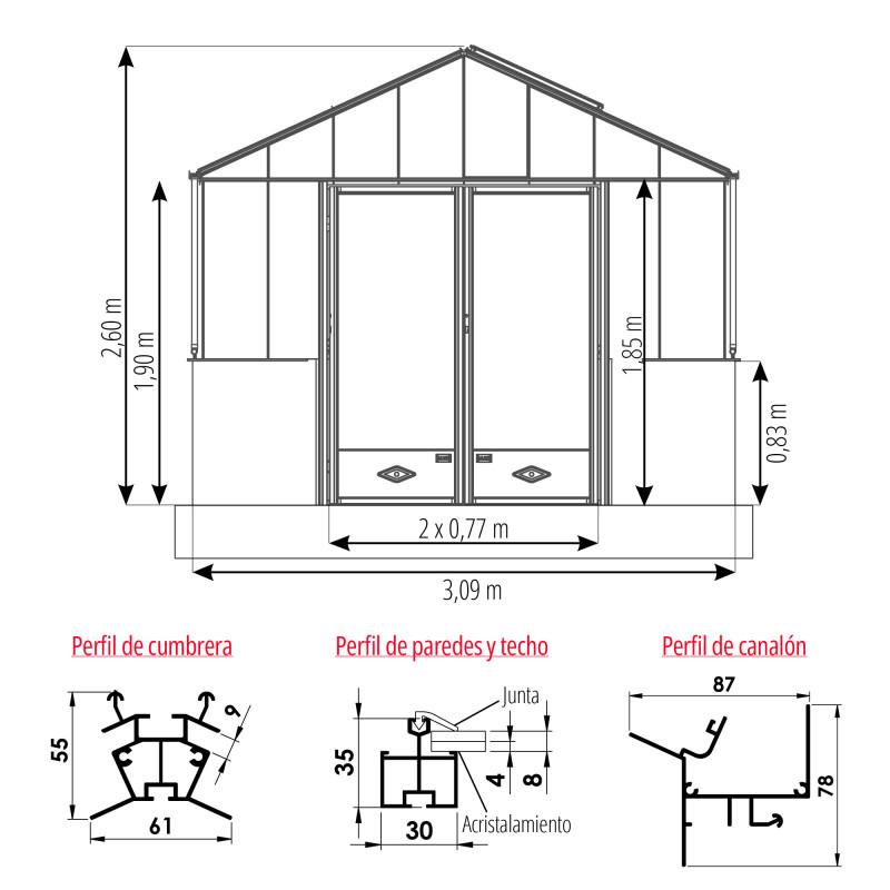 Invernadero LUXIA Retro en muro bajo anchura 3,09 m