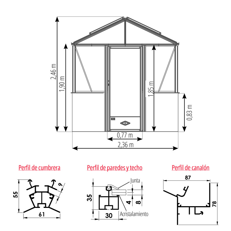 Invernadero LUXIA en muro bajo anchura 2,36 m