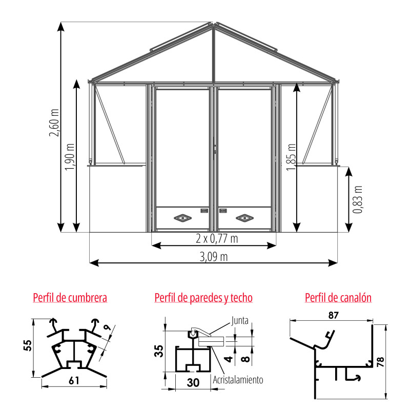 Invernadero LUXIA en muro bajo anchura 3,09 m