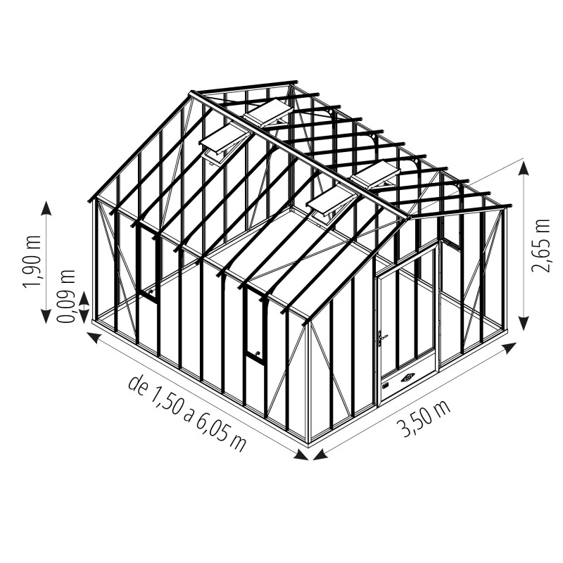 Invernadero AUTHENTIQUE anchura 3,50m sobre base aluminio