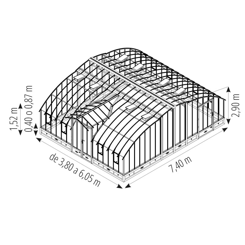 Invernadero AMBOISE anchura 7,40 m sobre base aluminio